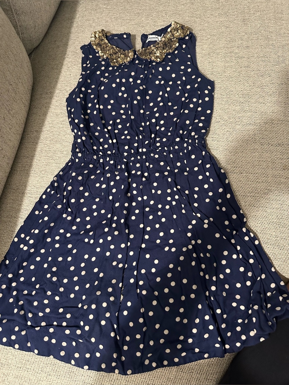 Girls Navy Polka Dot Dress with Sequin Collar
